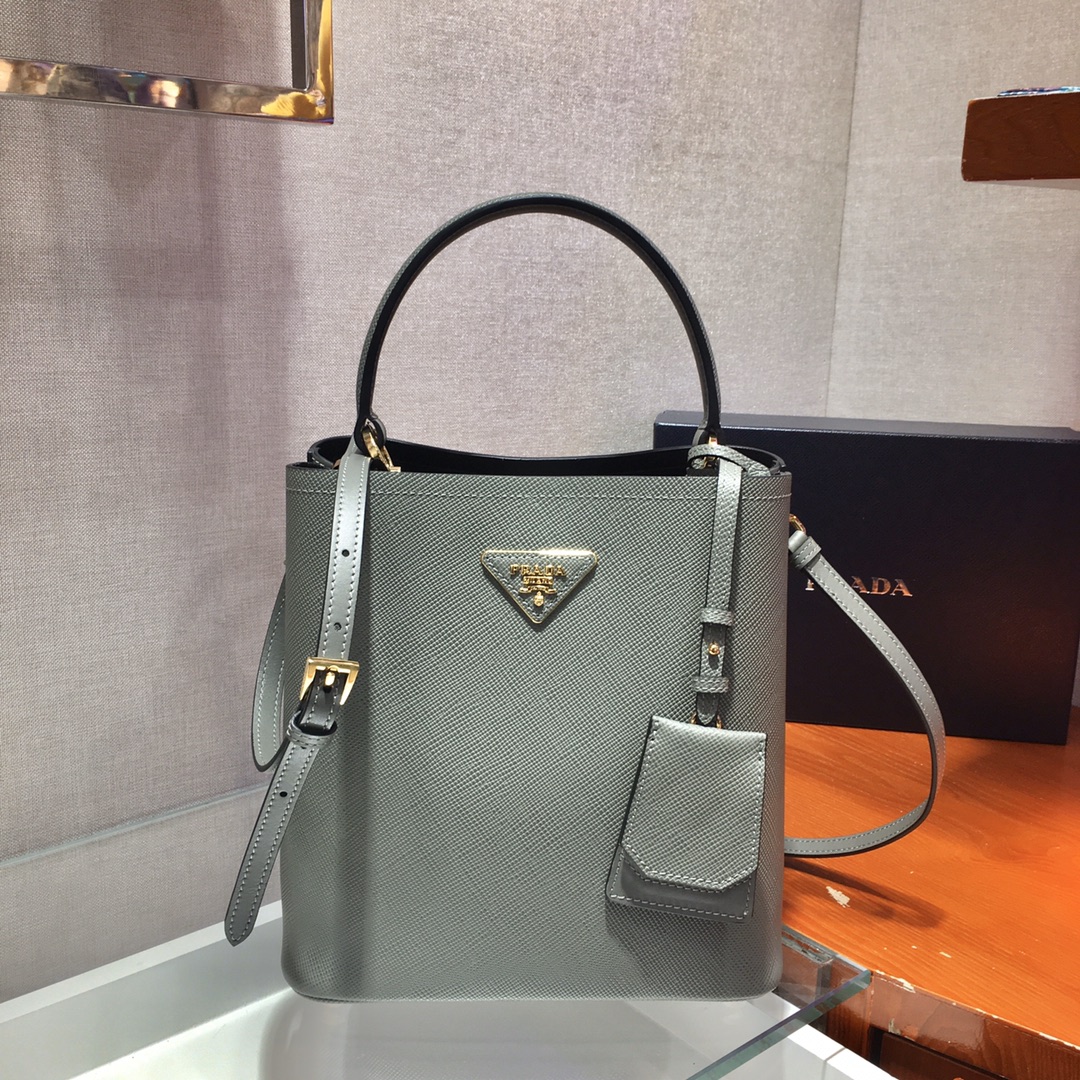 Prada Medium Panier Saffiano Leather Bag Light Grey/Black 1BA212